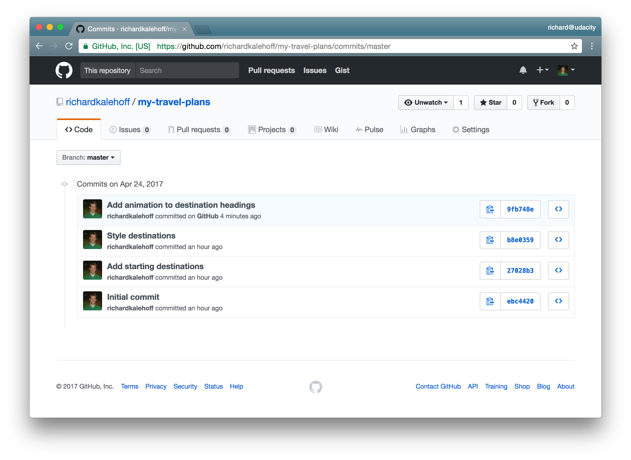 _The remote repository on GitHub has four commits. The three from our local repository and the one we manually added on GitHub._